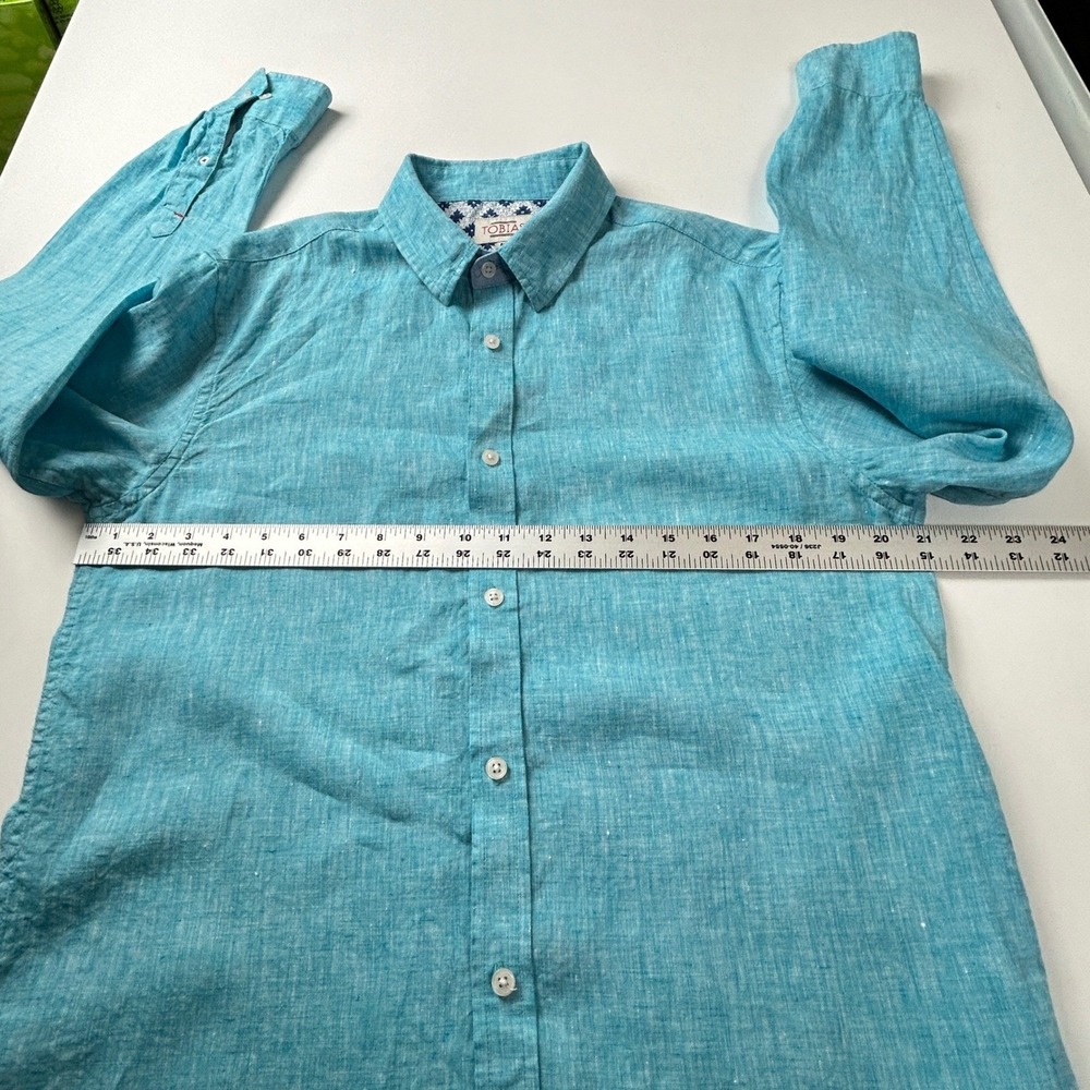 Tobias Linen Button Down Shirt Mens Medium Turquoise Long Sleeve Casual Vacation - Picture 6 of 16